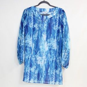 Serengeti Blue Semi Sheer Cascading Waterfall 3/4 Elastic Sleeve Pullover Tunic